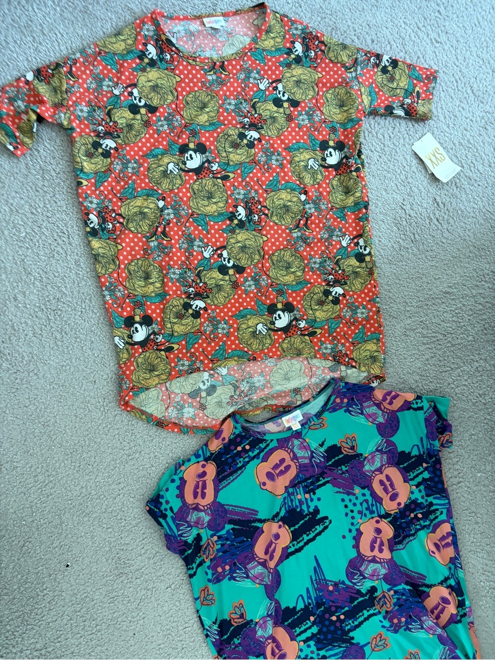 LuLaRoe Coral Red Floral & Teal Graphic Carly Tops - Set of 2 Bundle